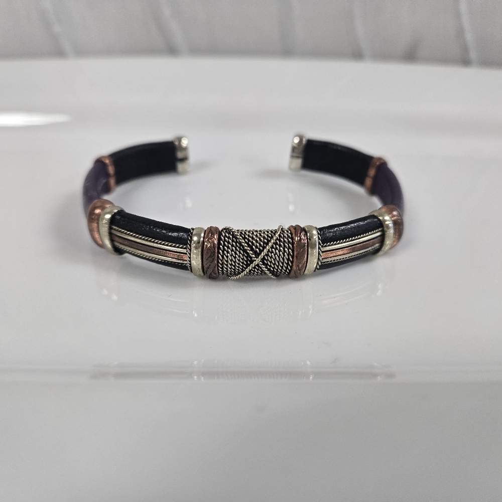 Purple Leather & Braided Copper Adjstable Cuff Bracelet By HPSilver